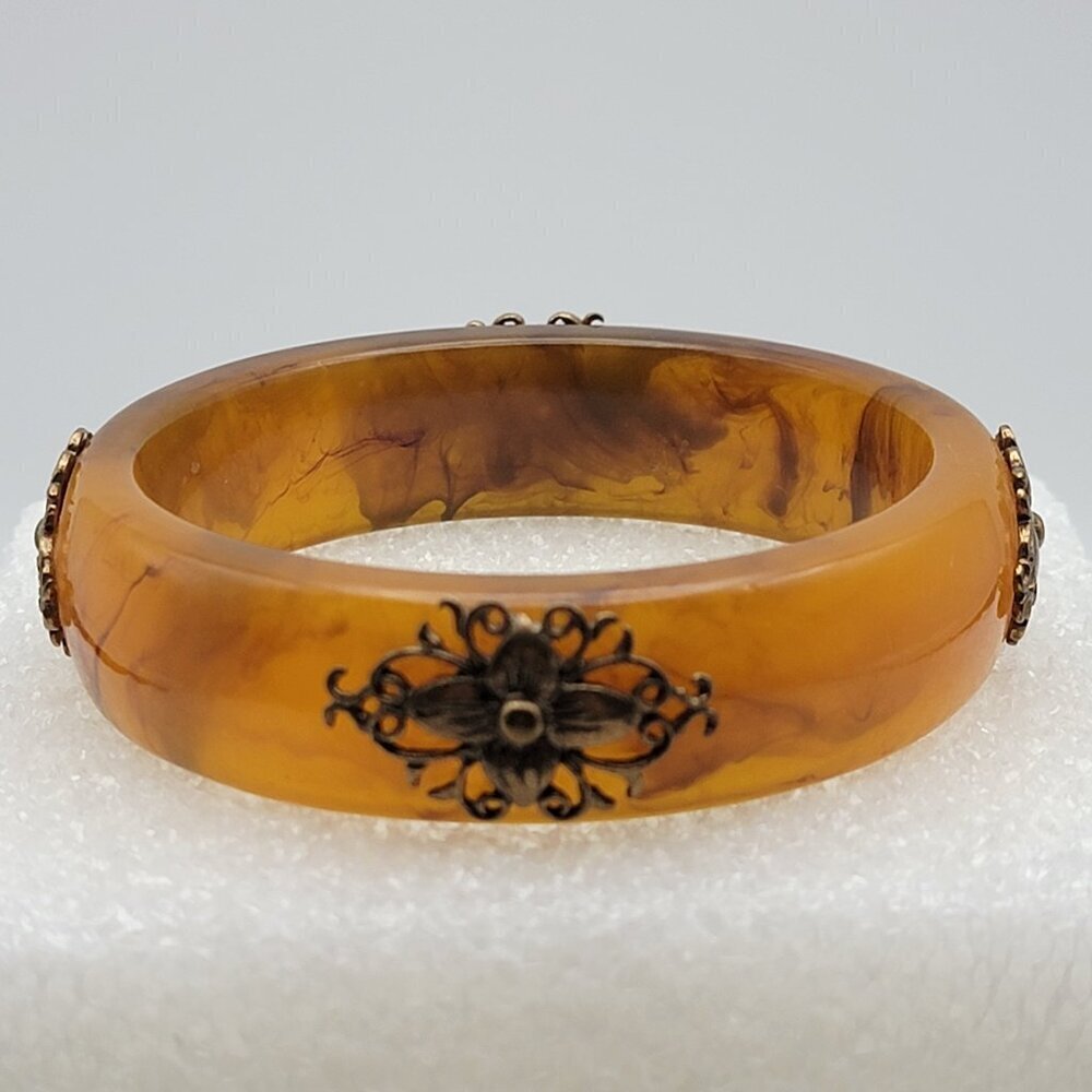 Vintage Butterscotch Lucite Bangle Bracelet 8" French Rosette Accent 18.3mm Wide